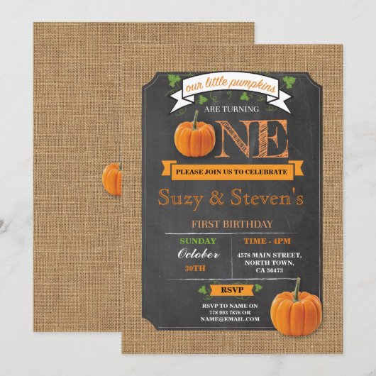 Twins Pumpkin 1st First One Birthday Party nodigt  Kaart (Voorkant / Achterkant)