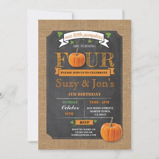 Twins Pumpkin 4TH 4 Vierde 4 Birthday Party Invite Kaart (Voorkant)
