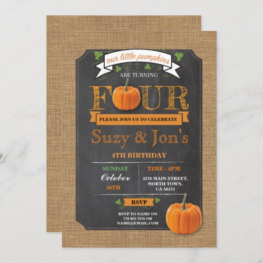 Twins Pumpkin 4TH 4 Vierde 4 Birthday Party Invite Kaart (Voorkant / Achterkant)