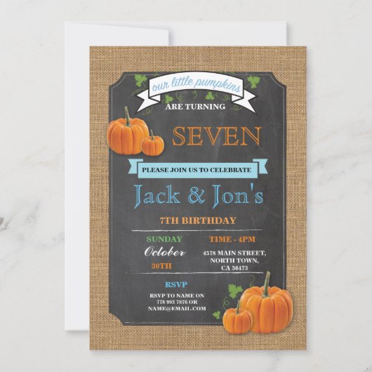 Twins Pumpkin Any Age Birthday Party Boy's Invite Kaart (Voorkant)