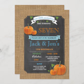 Twins Pumpkin Any Age Birthday Party Boy's Invite Kaart (Voorkant / Achterkant)
