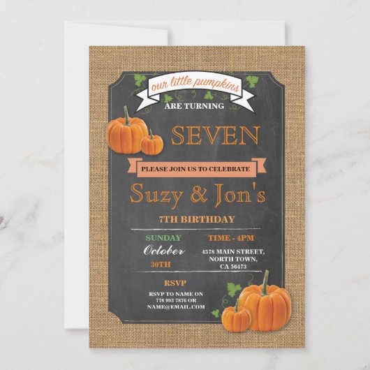 Twins Pumpkin Any Age Birthday Party Invitation Kaart (Voorkant)