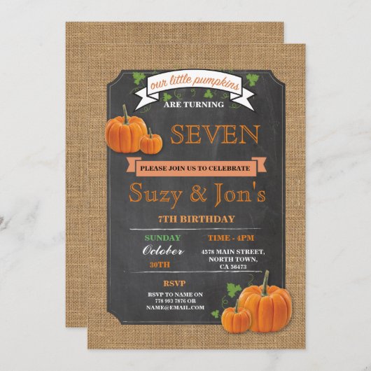 Twins Pumpkin Any Age Birthday Party Invitation Kaart (Voorkant / Achterkant)