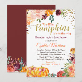 Twins Pumpkin Baby shower Burgundy Herfst Floral Kaart