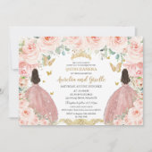 Twins Quinceañera Prinsessen Blush Bloemen Goud Kaart (Voorkant)