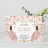 Twins Quinceañera Prinsessen Blush Bloemen Goud Kaart (Staand voorkant)