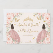 Twins Quinceañera Prinsessen Blush Bloemen Goud Kaart (Achterkant)