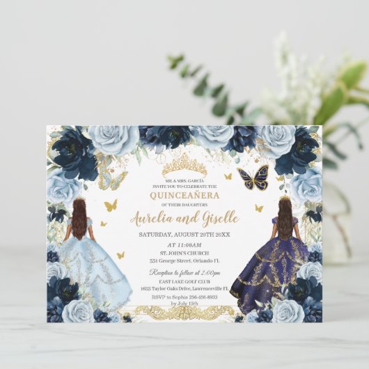 Twins Quinceañera Prinsessen Navy Baby Blauw Bloem Kaart (Staand voorkant)