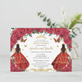 Twins Quinceañera Prinsessen Rode Rozen Bloemrijk Kaart (Staand voorkant)