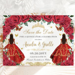 Twins Quinceañera Prinsessen Rode Rozen Bloemrijk  Save The Date<br><div class="desc">Personaliseer deze mooie levendige rode rozen goud quinceañera opslaan van de datum met uw eigen formulering gemakkelijk en snel, gewoon op de knop aanpassen om verder te herschikken en formatteren van de stijl en de plaatsing van de tekst. Met prachtige rode rozen, twee meisjes in rode jurken, vlinders en elegante...</div>