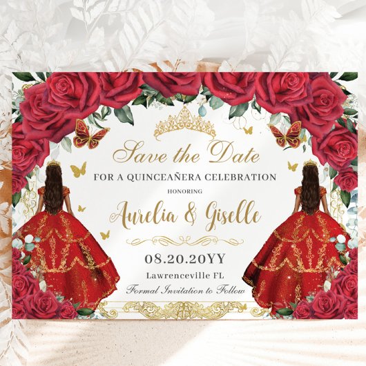 Twins Quinceañera Prinsessen Rode Rozen Bloemrijk  Save The Date