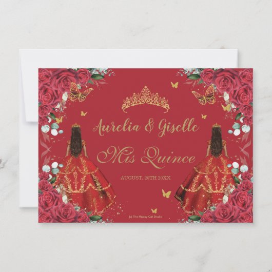 Twins Quinceañera Prinsessen Rode Rozen Bloemrijk  Save The Date (Achterkant)