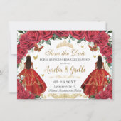 Twins Quinceañera Prinsessen Rode Rozen Bloemrijk  Save The Date (Voorkant)