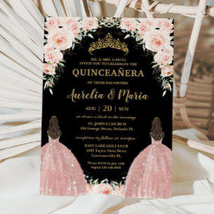 Twins Quinceañera Soft Blush Bloemen Rozen Kaart