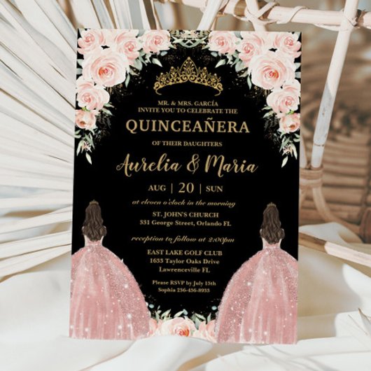 Twins Quinceañera Soft Blush Bloemen Rozen Kaart