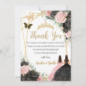 Twins Quinceañera Sweet 16 Zwart Roze Bloemen Bedankkaart (Voorkant)