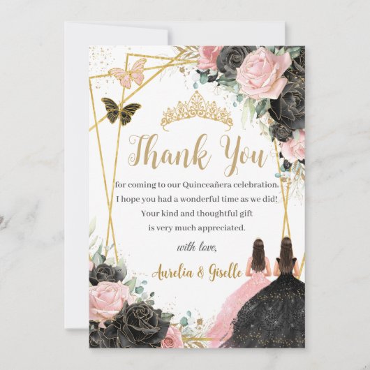 Twins Quinceañera Sweet 16 Zwart Roze Bloemen Bedankkaart (Voorkant)