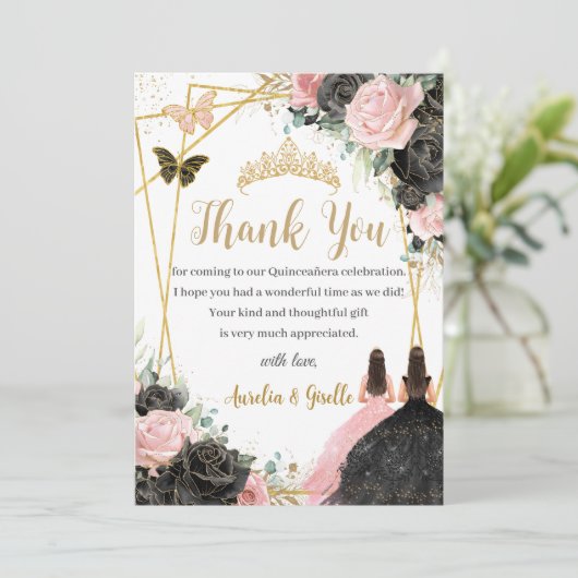 Twins Quinceañera Sweet 16 Zwart Roze Bloemen Bedankkaart (Staand voorkant)