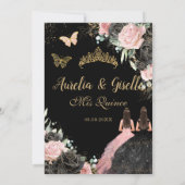 Twins Quinceañera Sweet 16 Zwart Roze Bloemen Bedankkaart (Achterkant)