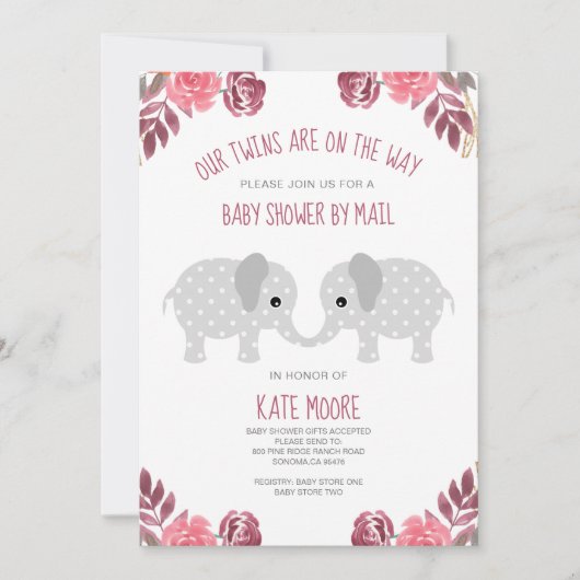 Twins Red Floral Elephant Baby shower by Mail Kaart (Voorkant)