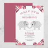Twins Red Floral Elephant Baby shower by Mail Kaart (Voorkant / Achterkant)