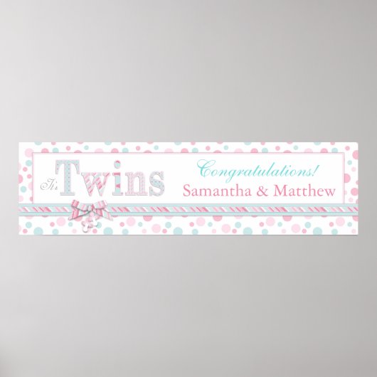 TWINS Retro Pink Aqua Stippen Baby shower Banner Poster (Voorkant)
