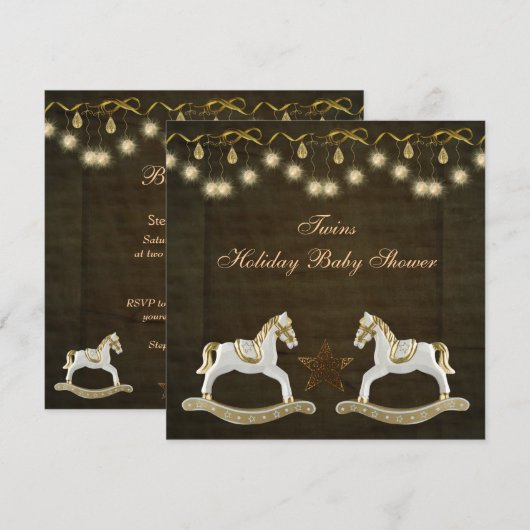Twins Rocking Horses Neutral Kerstmis Baby shower Kaart (Voorkant / Achterkant)