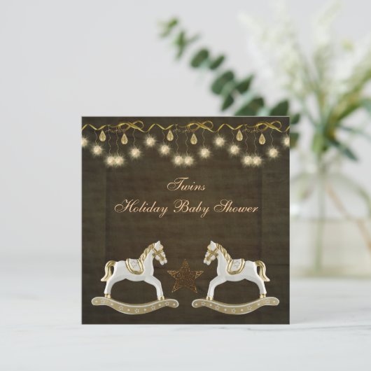 Twins Rocking Horses Neutral Kerstmis Baby shower Kaart (Staand voorkant)