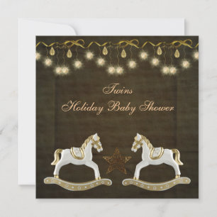Twins Rocking Horses Neutral Kerstmis Baby shower Kaart