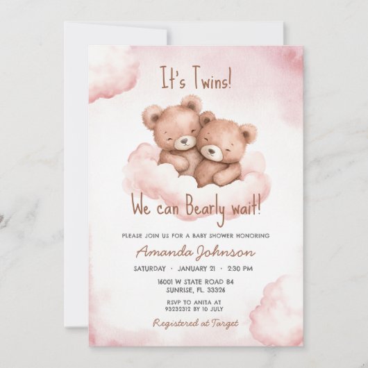 Twins Roze Beer Baby shower Uitnodiging (Voorkant)
