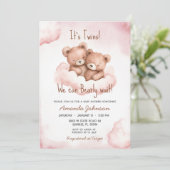 Twins Roze Beer Baby shower Uitnodiging (Staand voorkant)