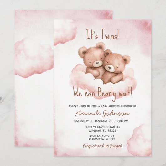 Twins Roze Beer Baby shower Uitnodiging (Voorkant / Achterkant)