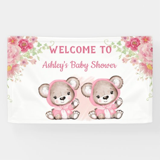 Twins roze Beren Floral Custom Baby shower Spandoek (Horizontaal)