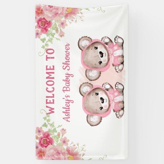 Twins roze Beren Floral Custom Baby shower Spandoek (Verticaal)
