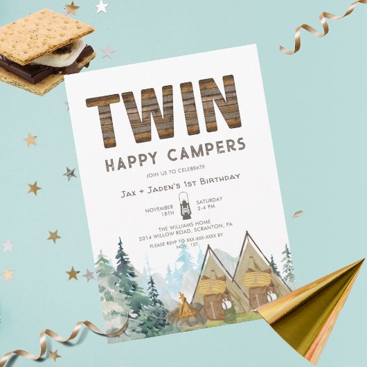 Twins Rustic One Happy Camper Birthday Uitnodiging