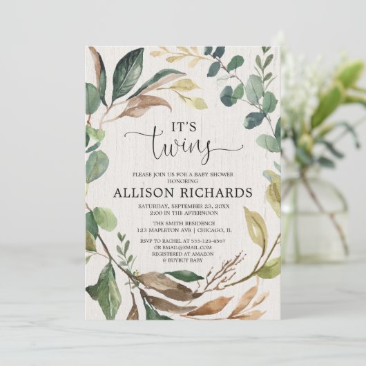 Twins rustiek baby shower genderneutraal herfst bl kaart (Staand voorkant)