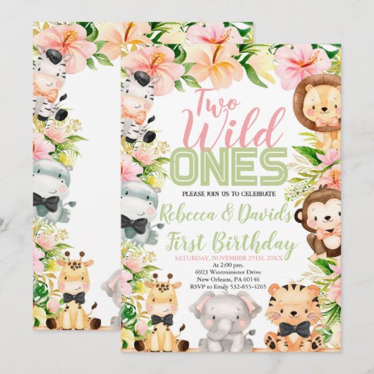 Twins Safari Verjaardag, Oerwoud WILD Ones Dieren Kaart (Voorkant / Achterkant)