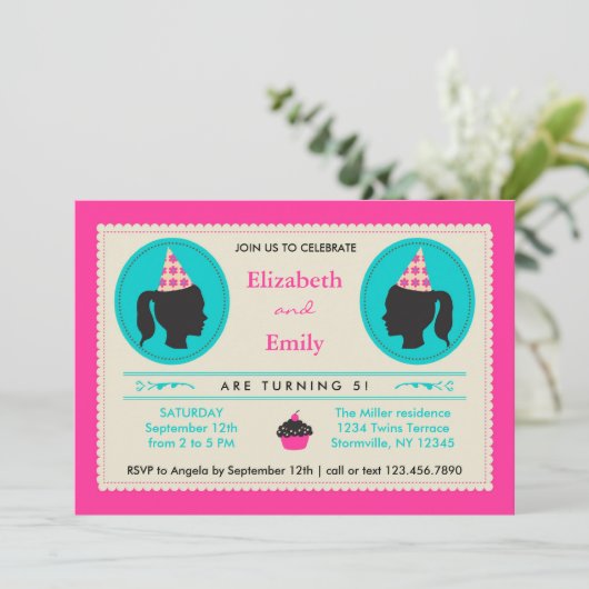Twins Silhouette Birthday Invitation Kaart (Staand voorkant)