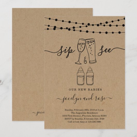 Twins Sip & See Bubbles & Brews Kaart (Voorkant / Achterkant)