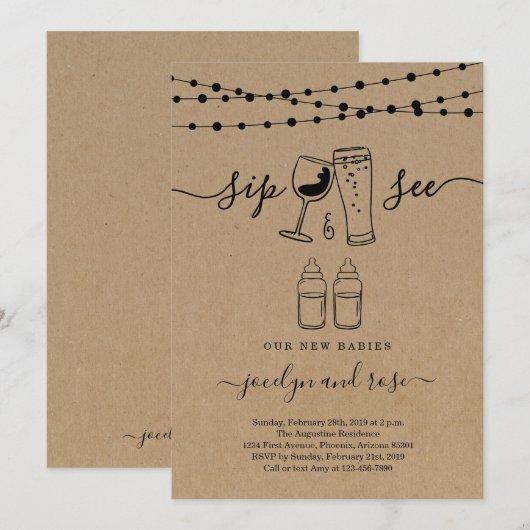 Twins Sip & See Wine & Beer Toast Kaart (Voorkant / Achterkant)