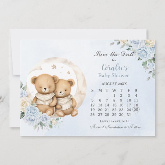 Twins Slapen Beren Moon Blue Floral Baby shower Save The Date (Voorkant)