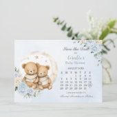 Twins Slapen Beren Moon Blue Floral Baby shower Save The Date (Staand voorkant)