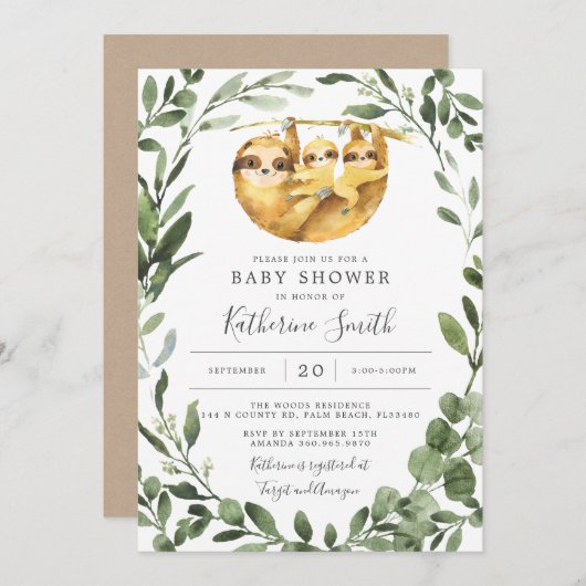 Twins Sloth Baby shower Invitation Kaart (Voorkant / Achterkant)