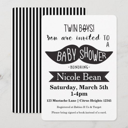 TWINS Snor Baby shower Zwart Wit Uitnodigingen (Voorkant / Achterkant)