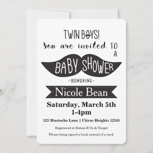 TWINS Snor Baby shower Zwart Wit Uitnodigingen (Voorkant)