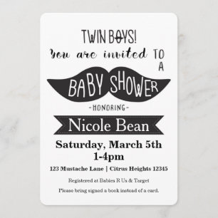 TWINS Snorhaar Baby Shower Zwart Witte Uitnodiging