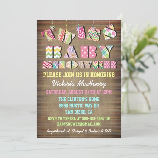 Twins Stof Shabby Chic Baby Douche Uitnodigingen (Staand voorkant)