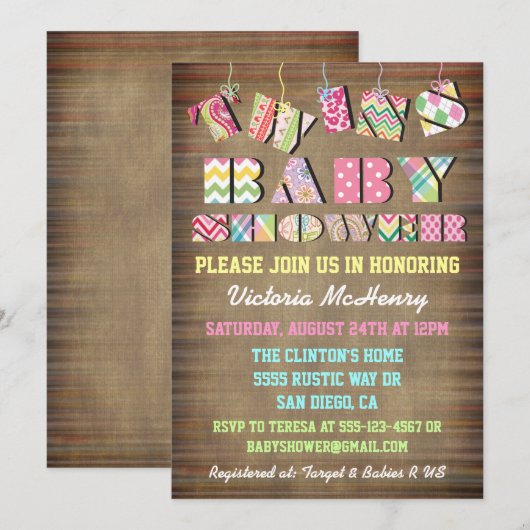 Twins Stof Shabby Chic Baby Douche Uitnodigingen (Voorkant / Achterkant)