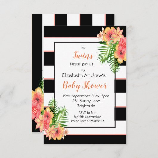 Twins Striped Floral Baby shower Invitation Kaart (Voorkant / Achterkant)