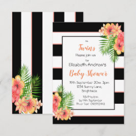 Twins Striped Floral Baby shower Invitation Kaart